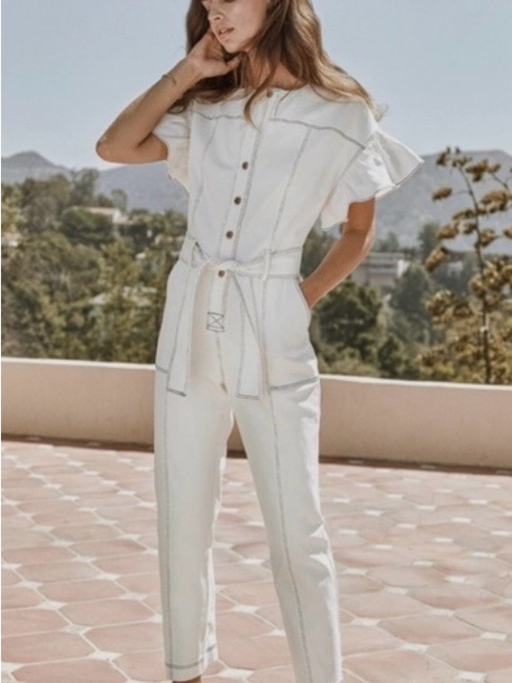 SAYLOR White Button-Front Tie-Waist Jumpsuit